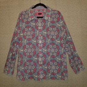 Talbots Pretty Pinks Blouse XL Blue White Medallion Pattern Floral Cotton Top